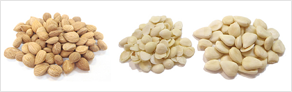 左:皮付のもの, 中央:皮をむいたもの, 右:大粒のもの